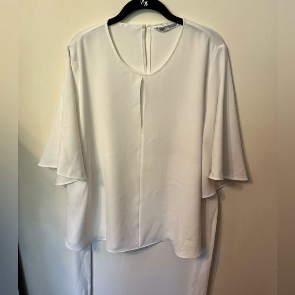 Zara XL white flowy blouse with attached tie